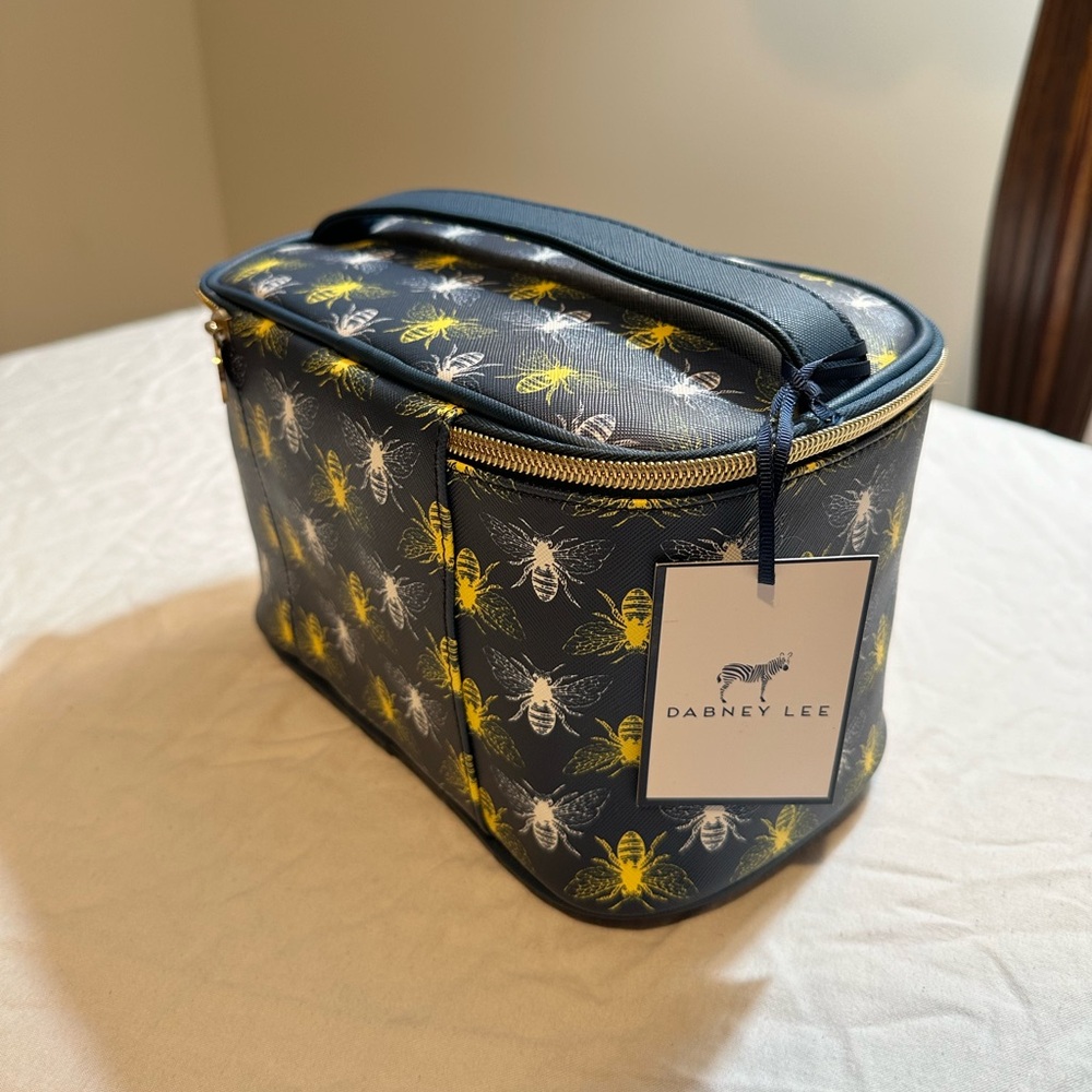 Dabney Lee Navy Make Up Bag with White and Yellow Bees and Gold Zipper